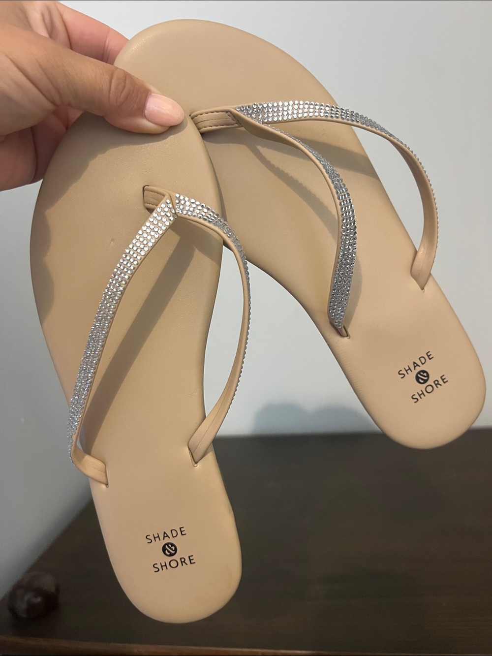 Shade & Shore Beige Sandal with Silver Rhinestone Straps